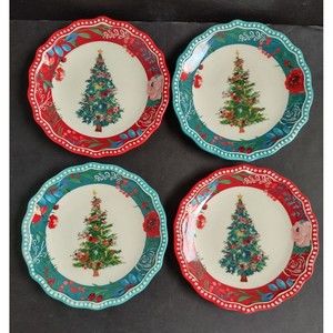 Set of 4 PIONEER WOMAN 6.5" Christmas Tree Snack Plates- Red & Blue NEW …